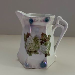 Antique German Lusterware Creamer, Floral, Hydrangea Floral, 6 Sided, Iridescent